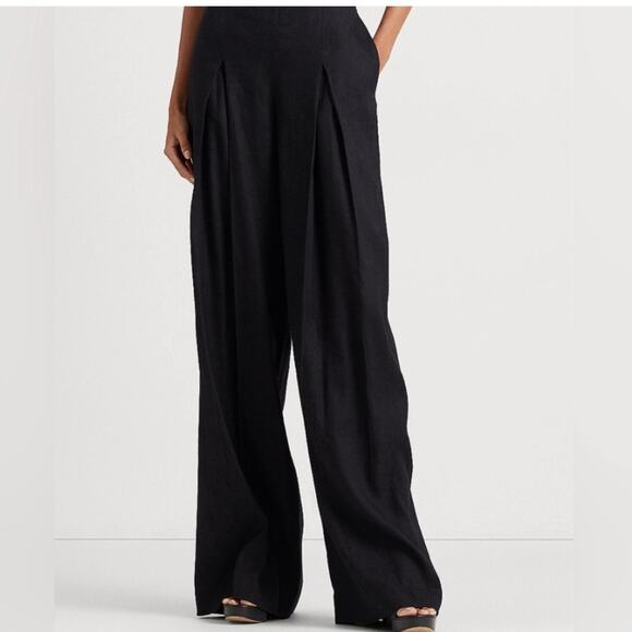 New Ralph Lauren Black Trouser Pants Wide Leg Linen Pleated Front Pockets 12 - Picture 3 of 15